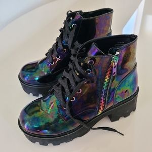 SOLD Dolls Kill Club Exx Oil Slick Holographic Rainbow Platform Combat Boots
